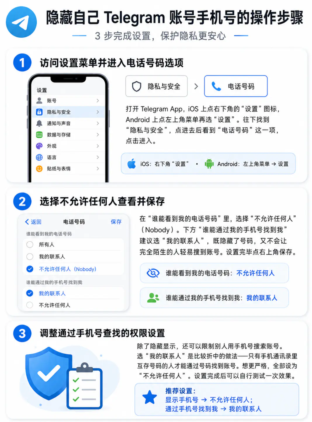 隐藏自己电报账号手机号的操作步骤